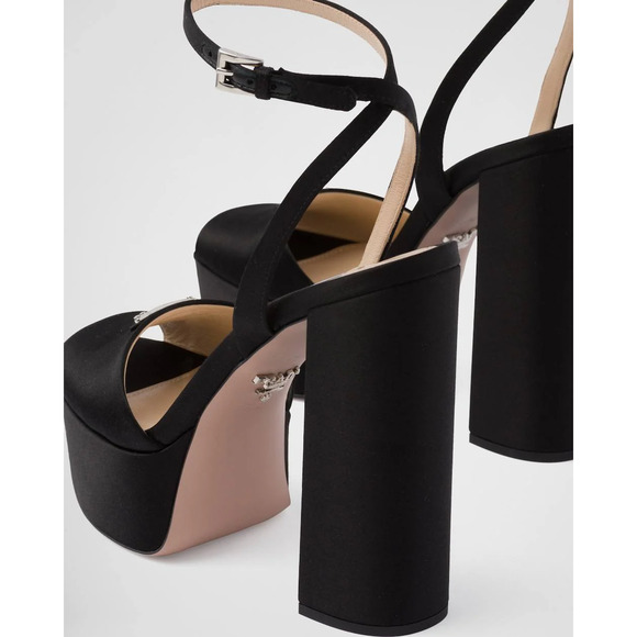 Prada 135mm Black Satin Logo Platform Sandal Ankle Strap Block Heel Pump 41.5 - Picture 12 of 14